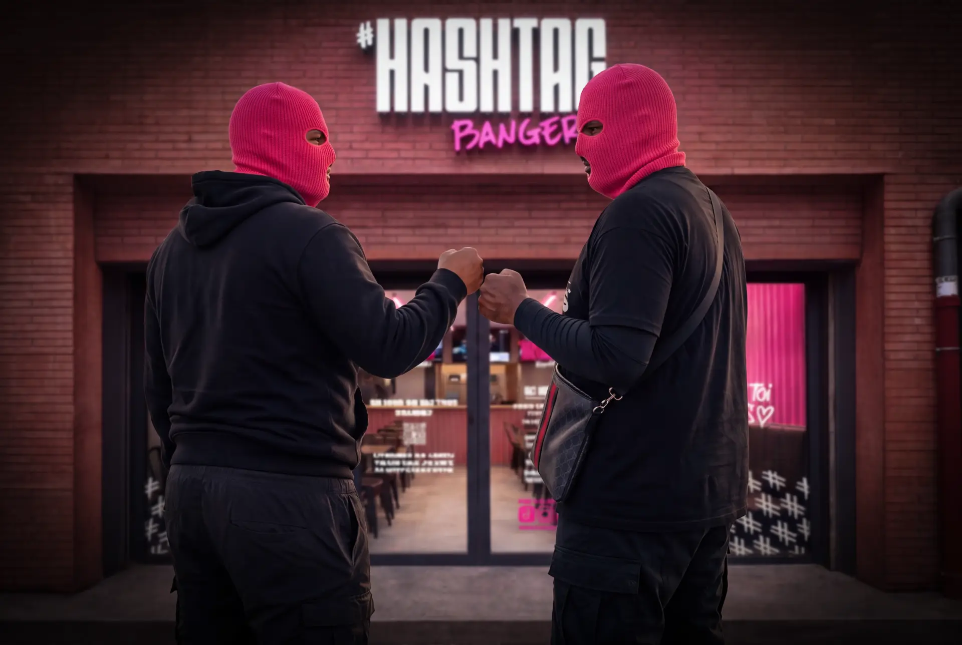 Deux membres de la Banger Squad devant le restaurant #HASHTAG BANGERS à Roubaix